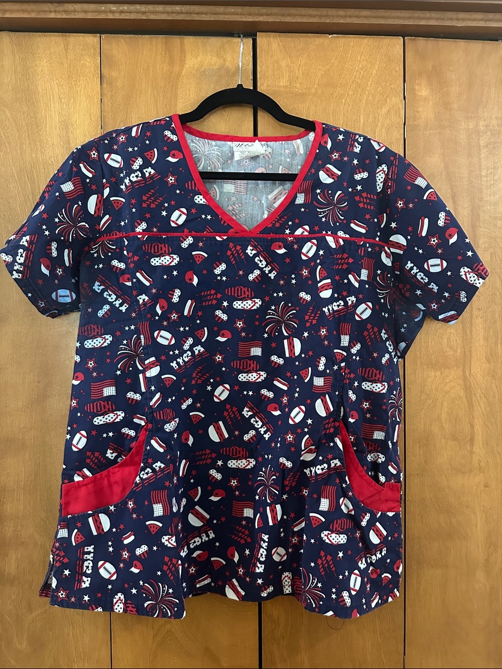 Navy Patriotic Print Medical Scrub Top with Red Trim